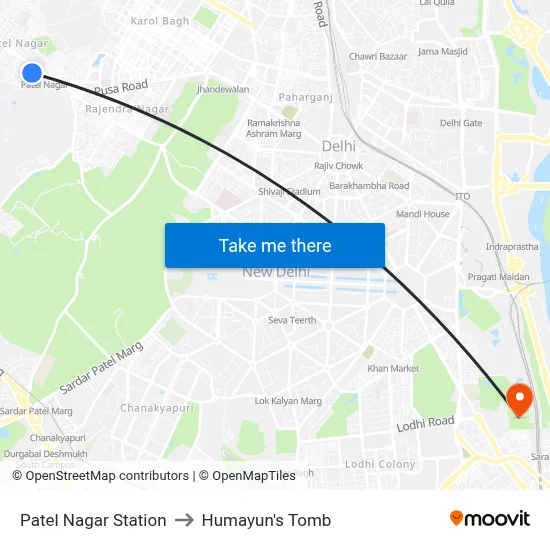 Patel Nagar Station to Humayun's Tomb map