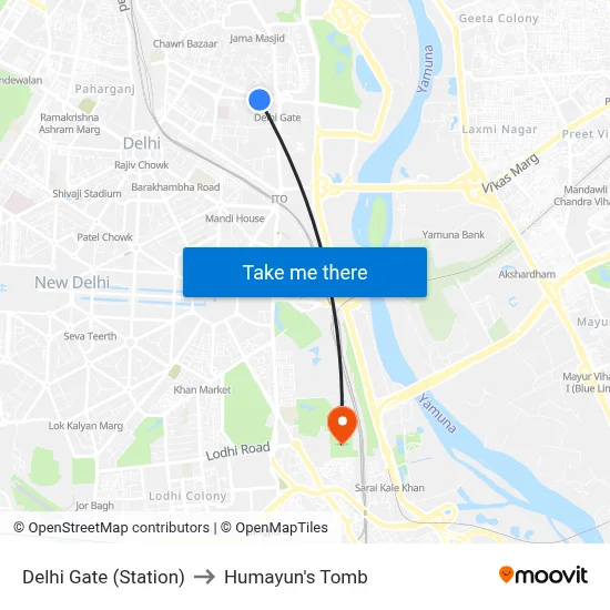 Delhi Gate (Station) to Humayun's Tomb map