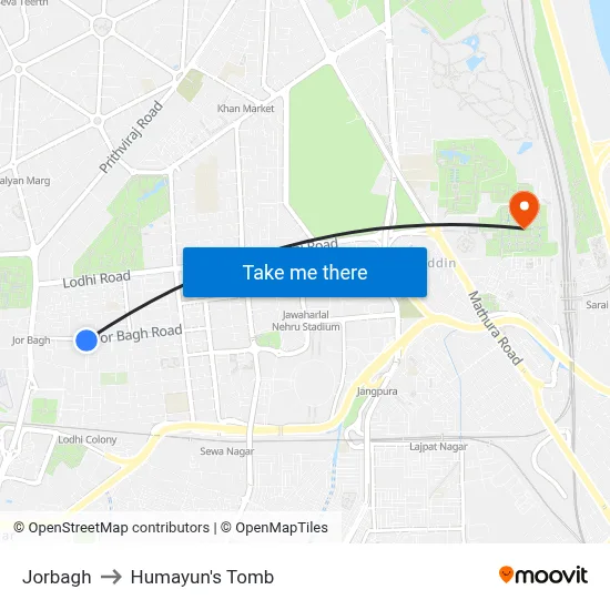 Jorbagh to Humayun's Tomb map