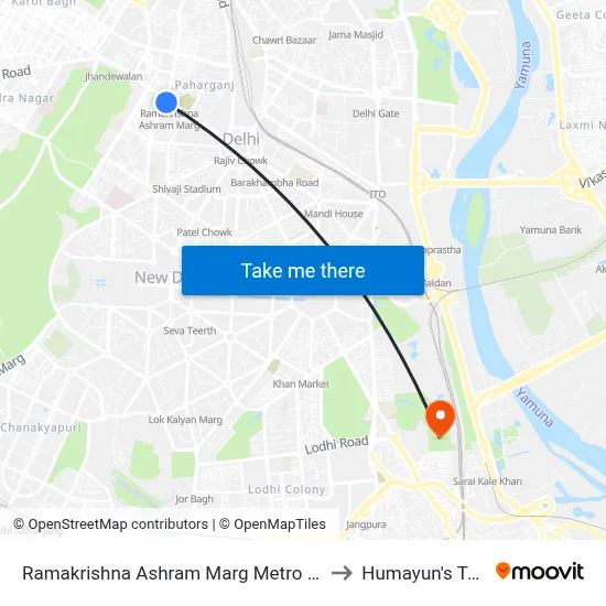 Ramakrishna Ashram Marg Metro Station to Humayun's Tomb map