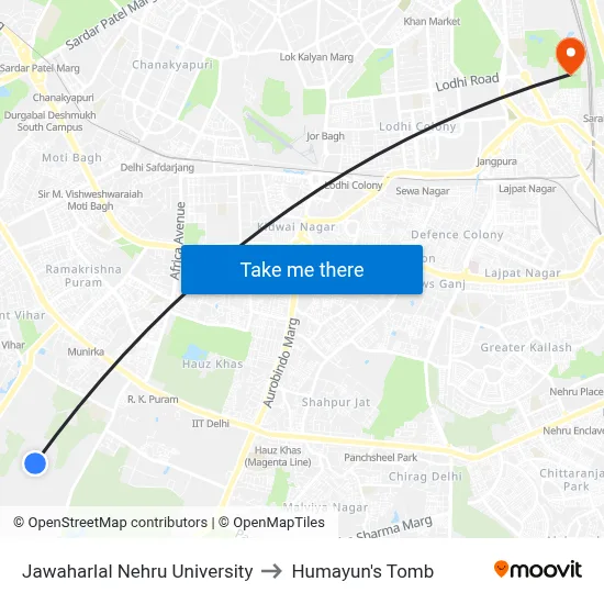 Jawaharlal Nehru University to Humayun's Tomb map