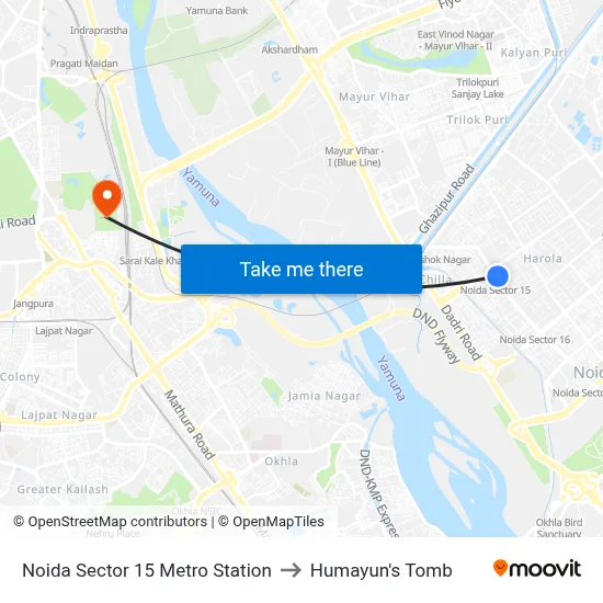 Noida Sector 15 Metro Station to Humayun's Tomb map