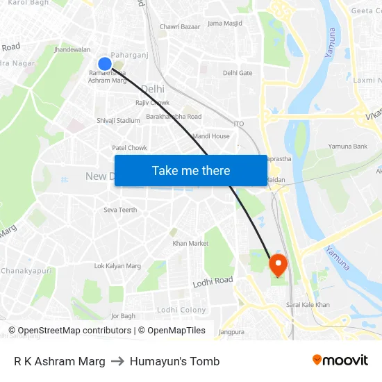 R K Ashram Marg to Humayun's Tomb map