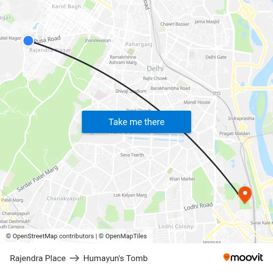 Rajendra Place to Humayun's Tomb map