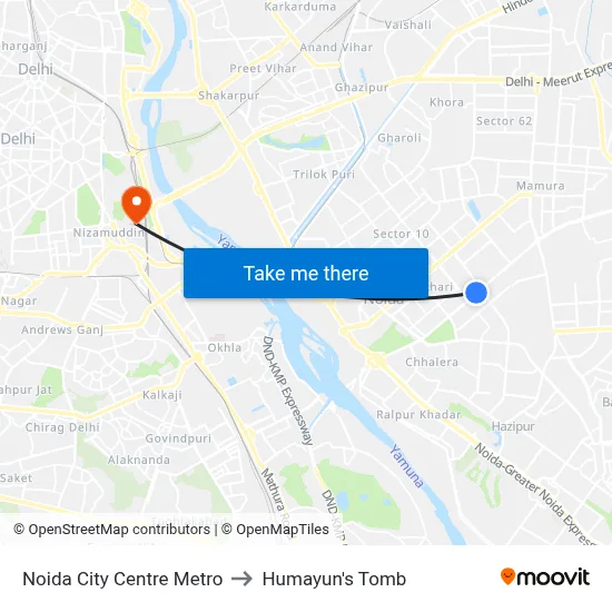 Noida City Centre Metro to Humayun's Tomb map