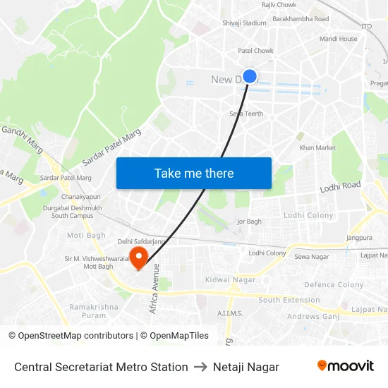 Central Secretariat Metro Station to Netaji Nagar map