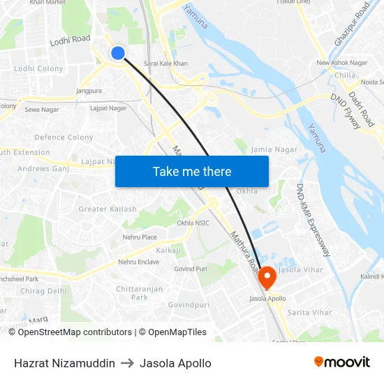 Hazrat Nizamuddin to Jasola Apollo map