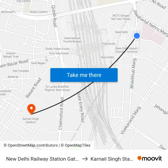 New Delhi Railway Station Gate No.2 to Karnail Singh Stadium map