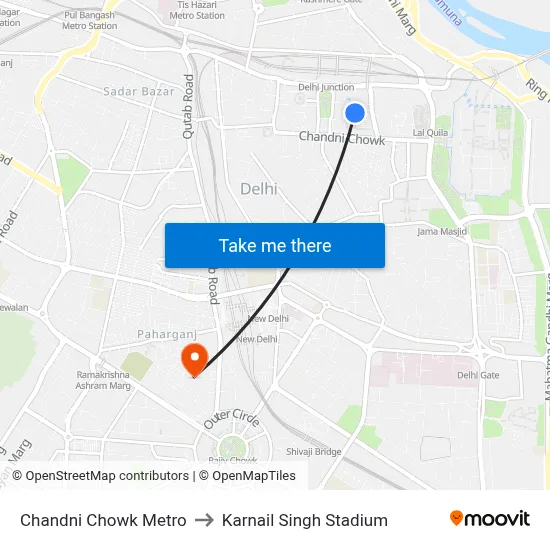 Chandni Chowk Metro to Karnail Singh Stadium map