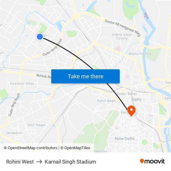 Rohini West to Karnail Singh Stadium map