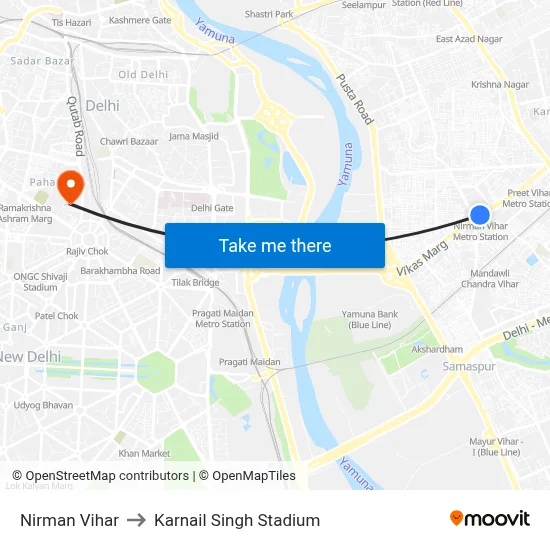Nirman Vihar to Karnail Singh Stadium map