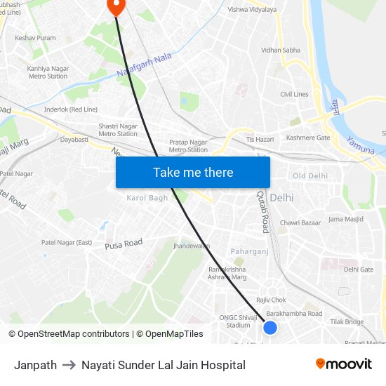 Janpath to Nayati Sunder Lal Jain Hospital map