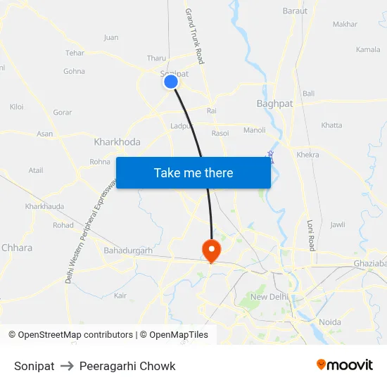 सोनीपत to पीरागढ़ी चौक map