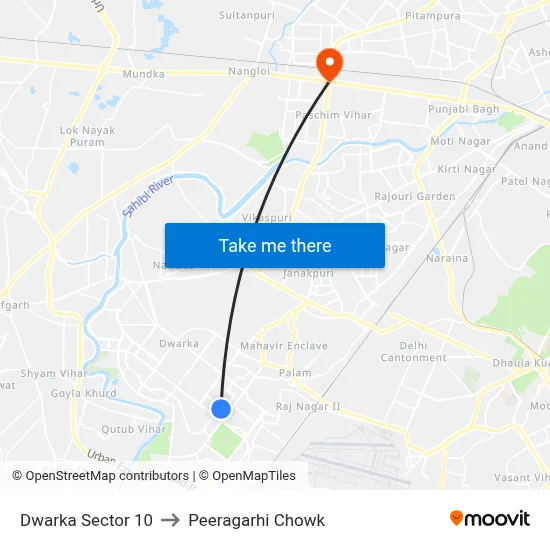 द्वारका सेक्टर 10 to पीरागढ़ी चौक map