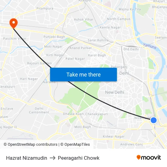 Hazrat Nizamudin to Peeragarhi Chowk map