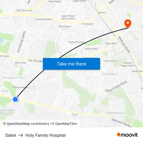 Saket to Holy Family Hospital map