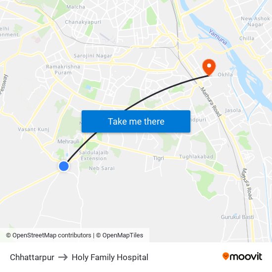 Chhattarpur to Holy Family Hospital map