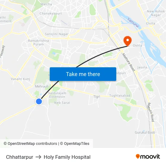Chhattarpur to Holy Family Hospital map