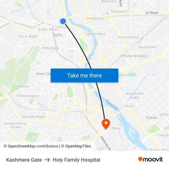 Kashmere Gate to Holy Family Hospital map