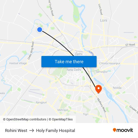 Rohini West to Holy Family Hospital map