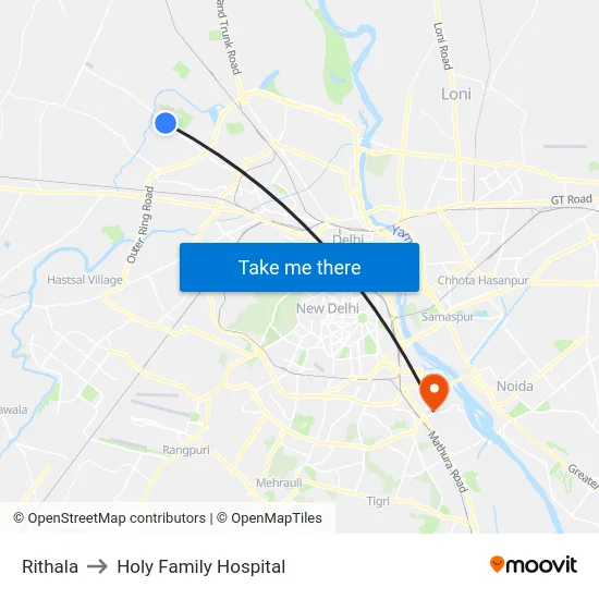 Rithala to Holy Family Hospital map