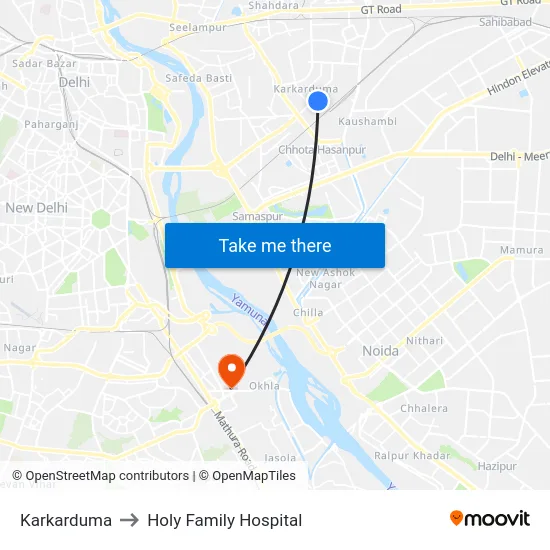 Karkarduma to Holy Family Hospital map