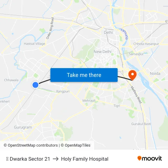 ✈ Dwarka Sector 21 to Holy Family Hospital map
