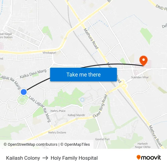 Kailash Colony to Holy Family Hospital map
