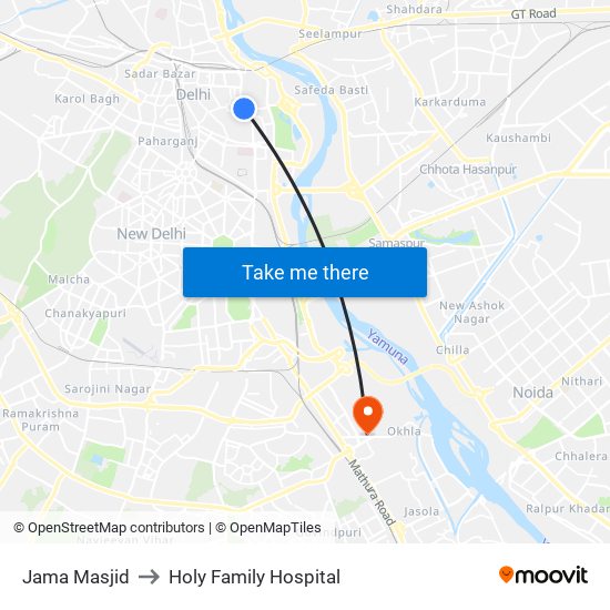 Jama Masjid to Holy Family Hospital map