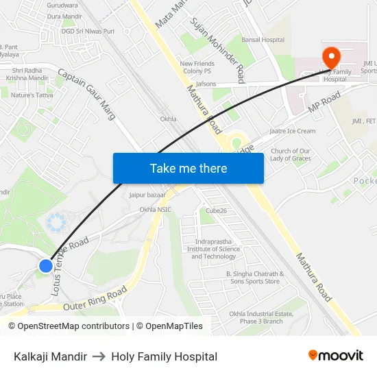 Kalkaji Mandir to Holy Family Hospital map