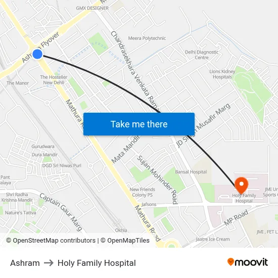 Ashram to Holy Family Hospital map
