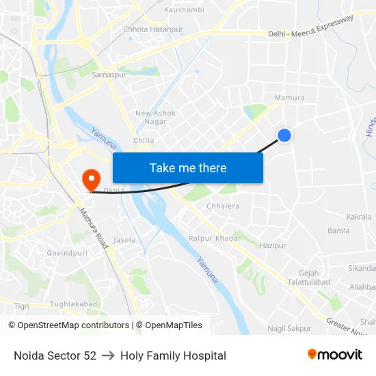 Noida Sector 52 to Holy Family Hospital map