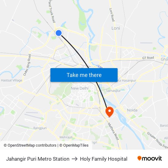 Jahangir Puri Metro Station to Holy Family Hospital map