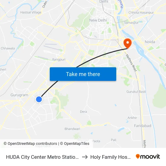 HUDA City Center Metro Station (B) to Holy Family Hospital map