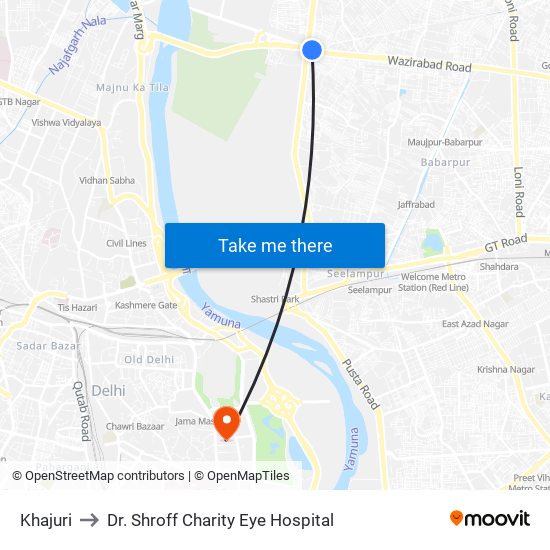 Khajuri to Dr. Shroff Charity Eye Hospital map