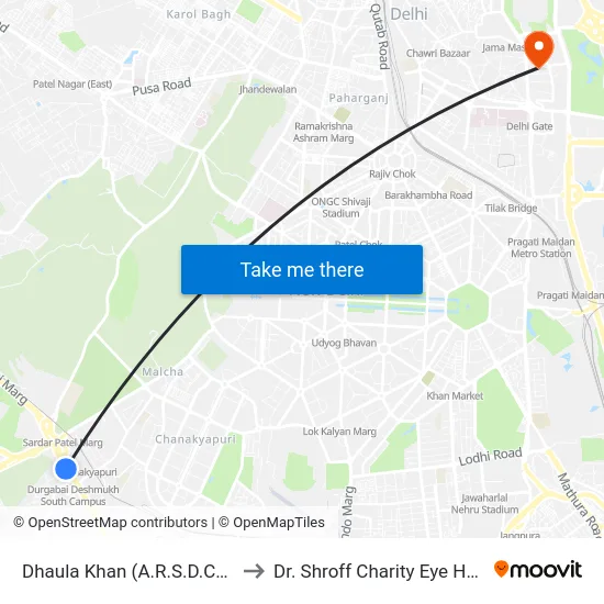 Dhaula Khan (A.R.S.D.College) to Dr. Shroff Charity Eye Hospital map