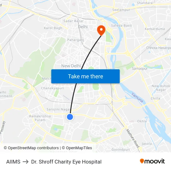 AIIMS to Dr. Shroff Charity Eye Hospital map