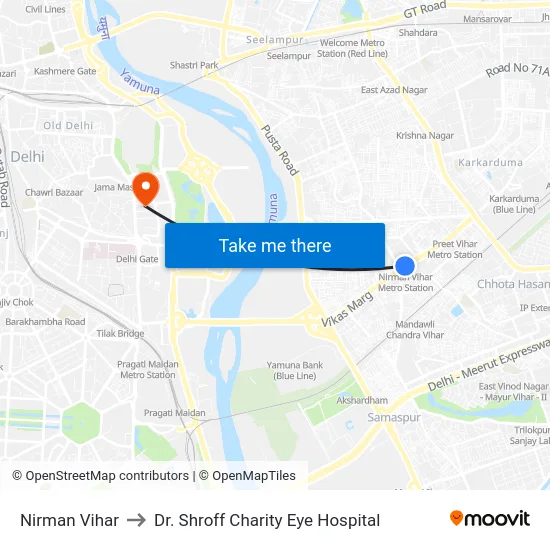 Nirman Vihar to Dr. Shroff Charity Eye Hospital map