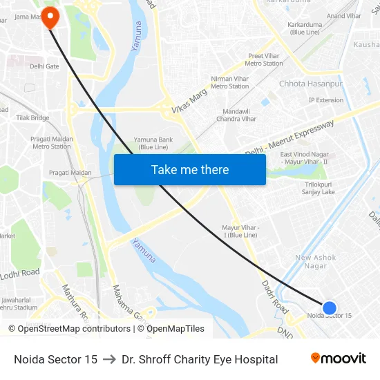 Noida Sector 15 to Dr. Shroff Charity Eye Hospital map