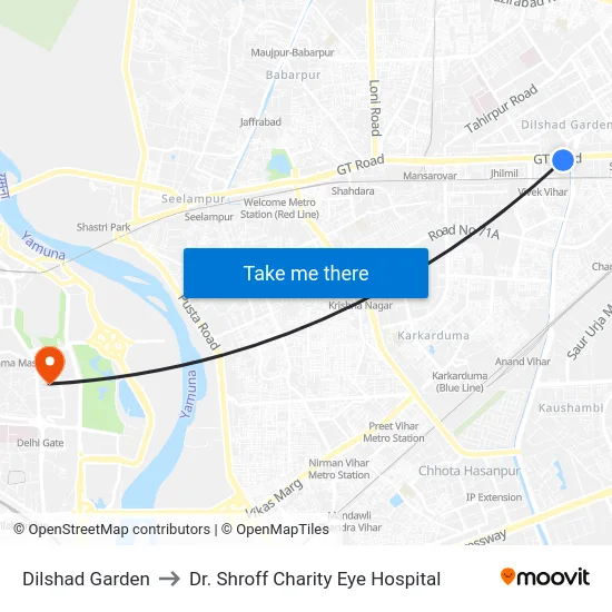 Dilshad Garden to Dr. Shroff Charity Eye Hospital map