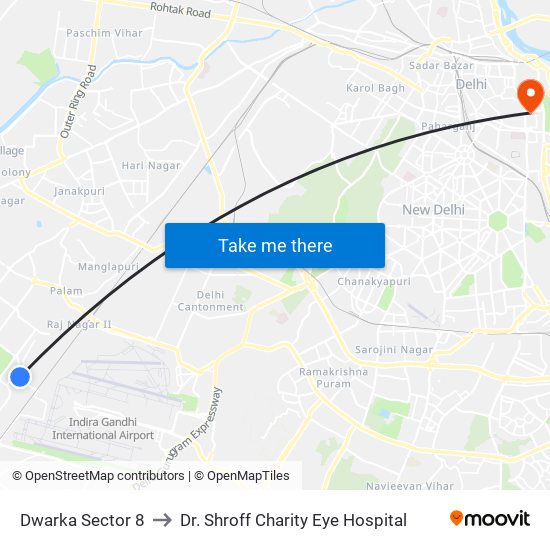 Dwarka Sector 8 to Dr. Shroff Charity Eye Hospital map