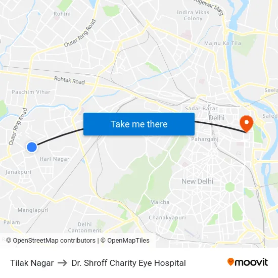 Tilak Nagar to Dr. Shroff Charity Eye Hospital map
