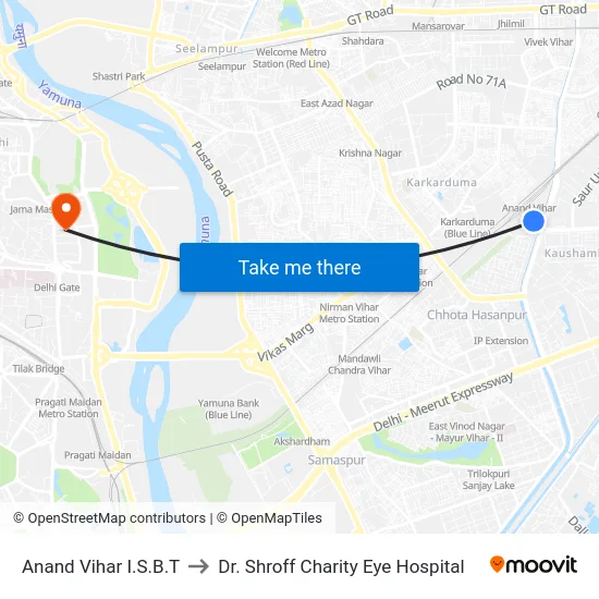 Anand Vihar I.S.B.T to Dr. Shroff Charity Eye Hospital map