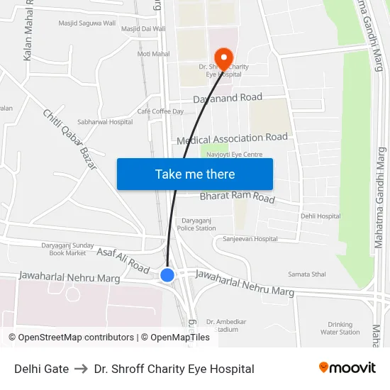 Delhi Gate to Dr. Shroff Charity Eye Hospital map
