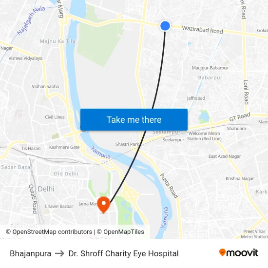 Bhajanpura to Dr. Shroff Charity Eye Hospital map