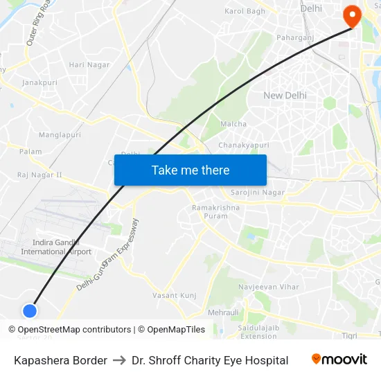 Kapashera Border to Dr. Shroff Charity Eye Hospital map