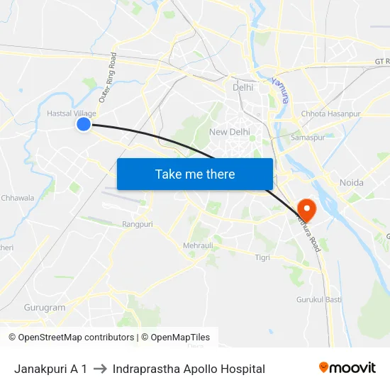 Janakpuri A 1 to Indraprastha Apollo Hospital map