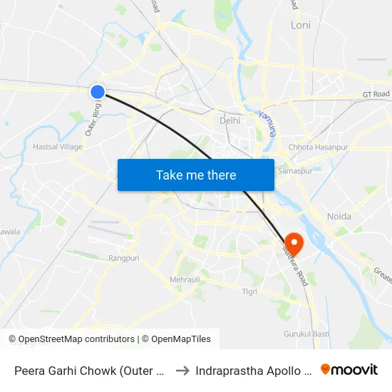 Peera Garhi Chowk (Outer Ring Road) to Indraprastha Apollo Hospital map