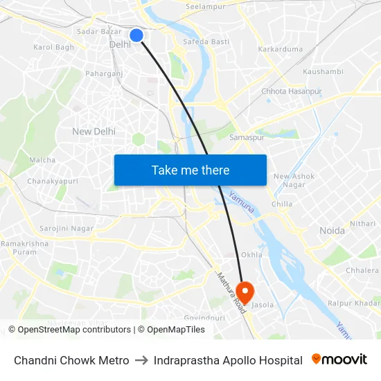 Chandni Chowk Metro to Indraprastha Apollo Hospital map