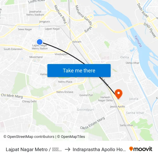 Lajpat Nagar Metro / लाजपत नगर to Indraprastha Apollo Hospital map